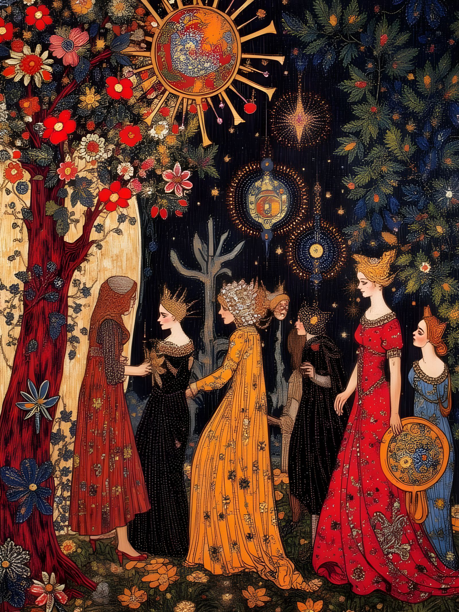 Cats Dancing in Vibrant Tapestry Style