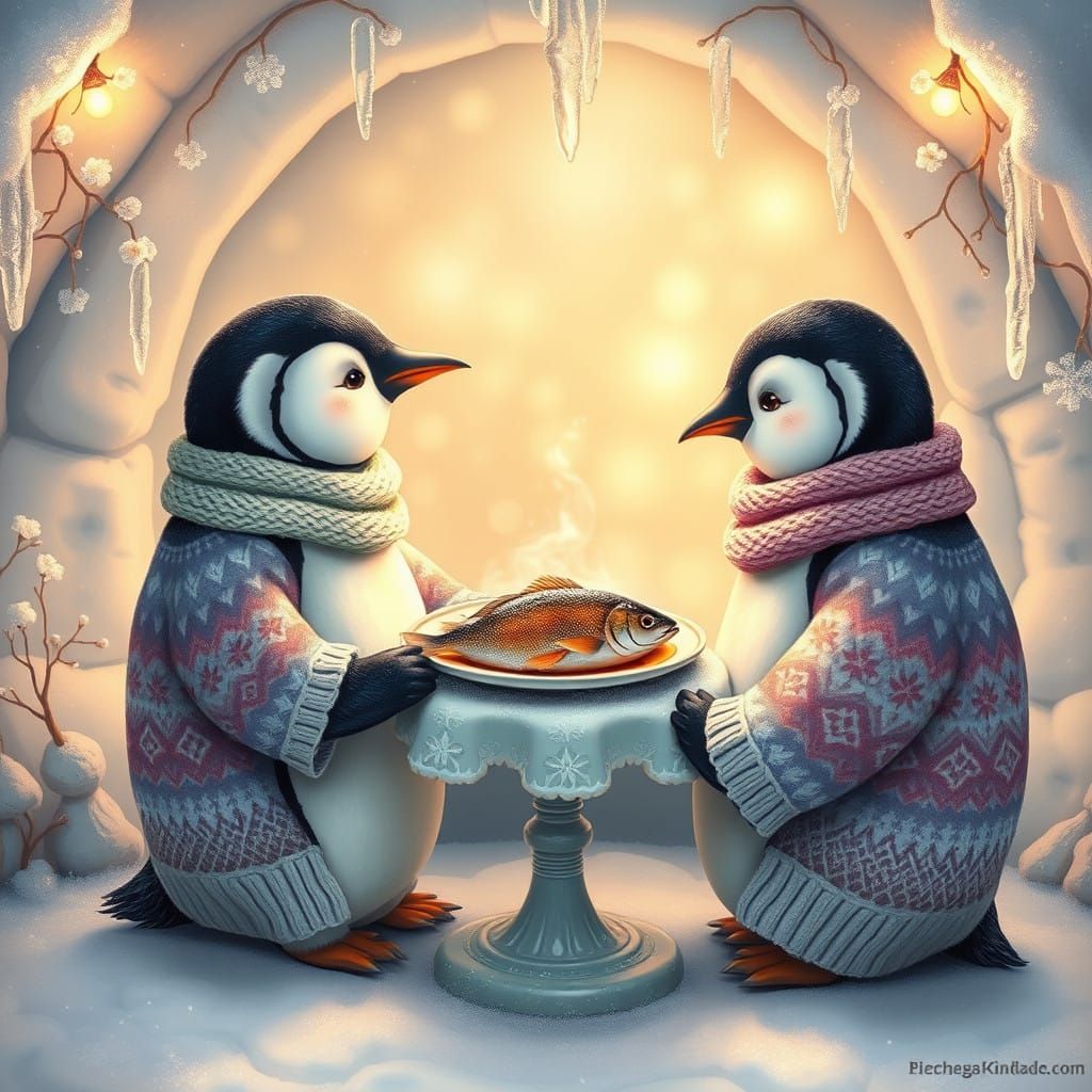 Charming Penguins Enjoy a Cozy Winter Date Inside a Snowy Ig...
