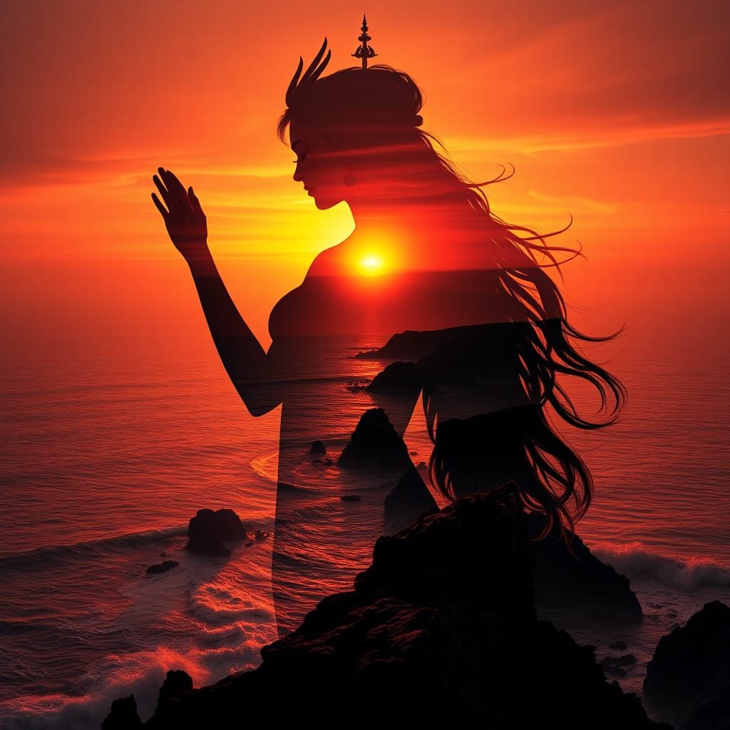 Goddess Silhouette Double Exposure on Sunset Coast in 8K