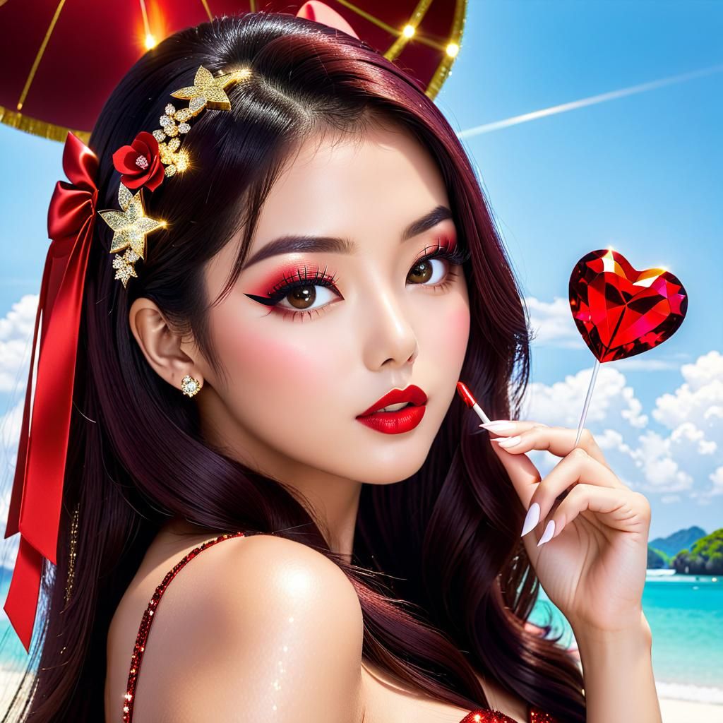 Glamorous Anime Women on Beach with Glitter Effects