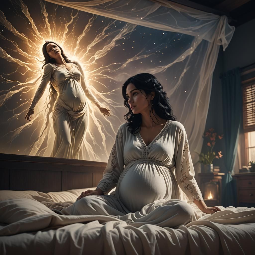 Glowing Apparition Visits Pregnant Woman: Fantasy Art