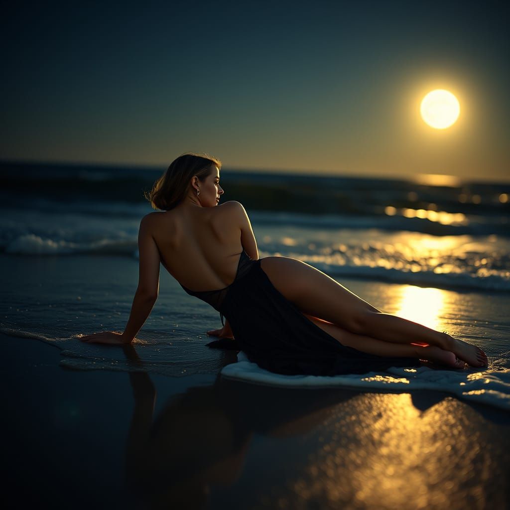 Moonlit Beach: Sensual Woman in Evening Dress