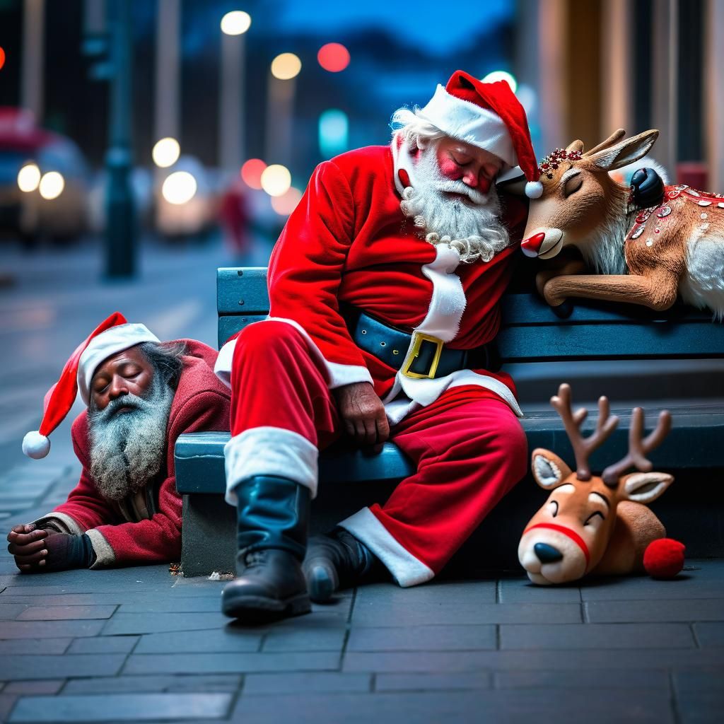 Homeless Santa Claus sleeping on the street