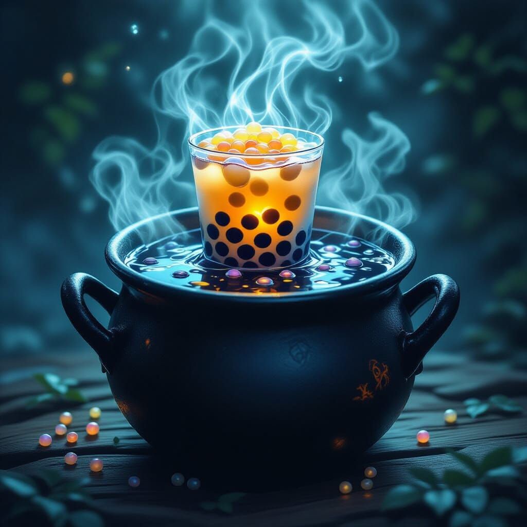 Magical Cauldron Boba Tea in Dark Fantasy Style