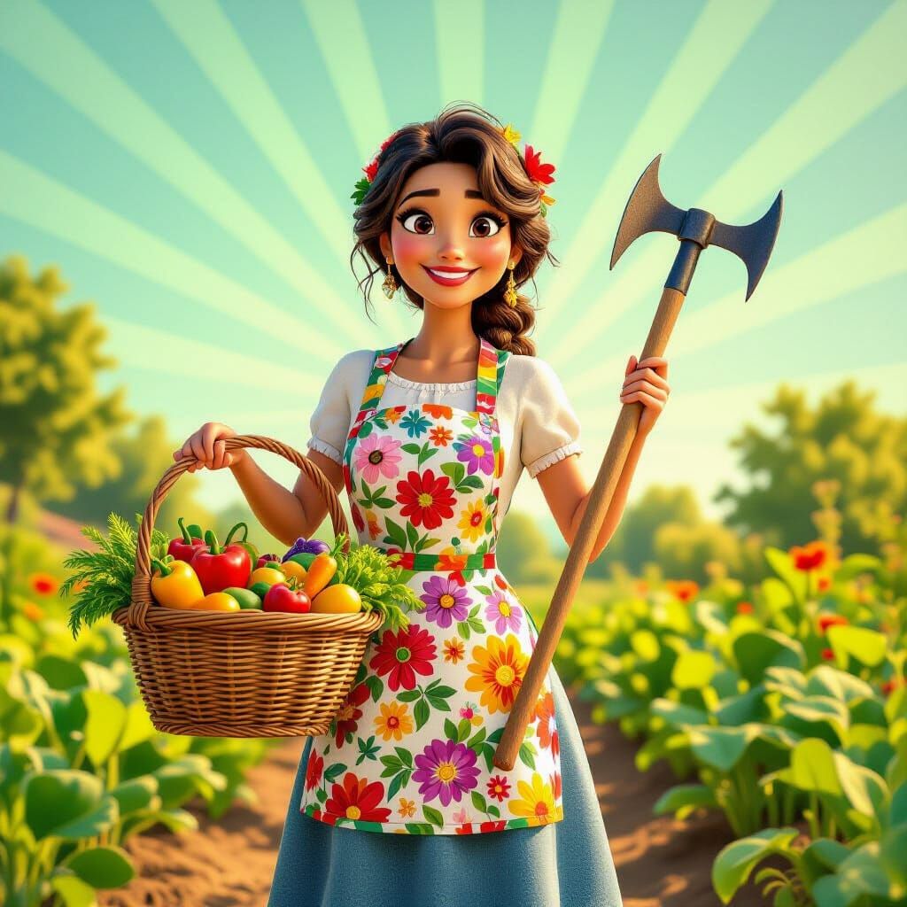 Hispanic Woman with Vegetable Basket and Hoe in Garden