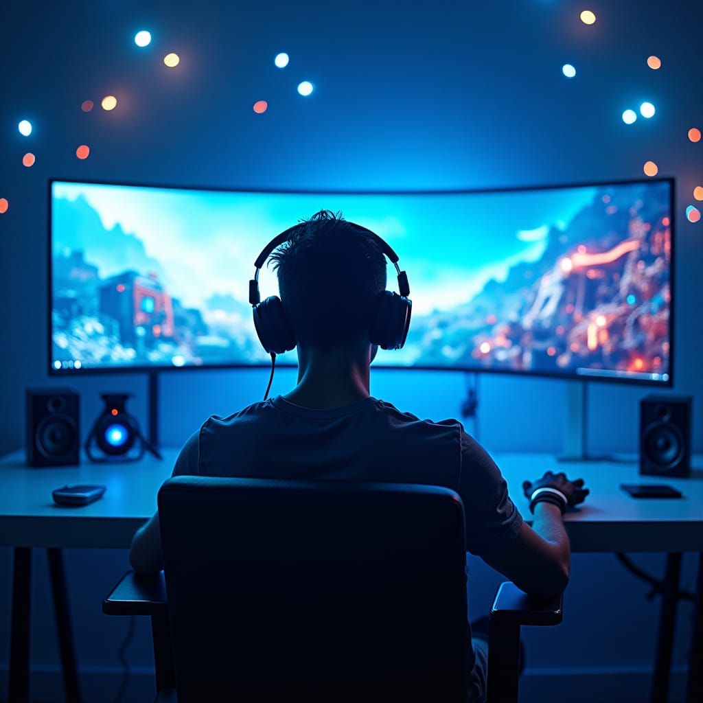 Intense Gamer in Futuristic Neon Gaming Room