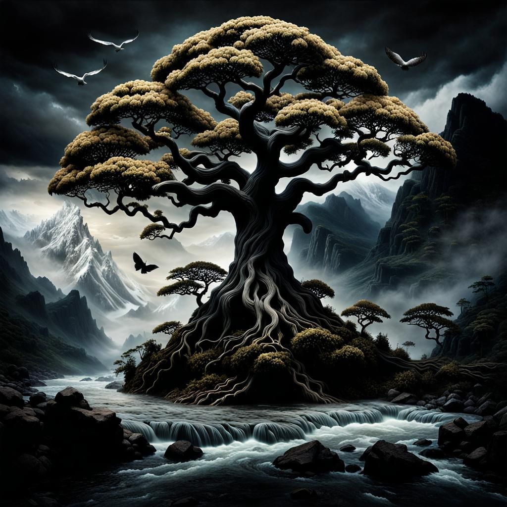 Eerie Giant Bonsai Tree in an Evil Landscape
