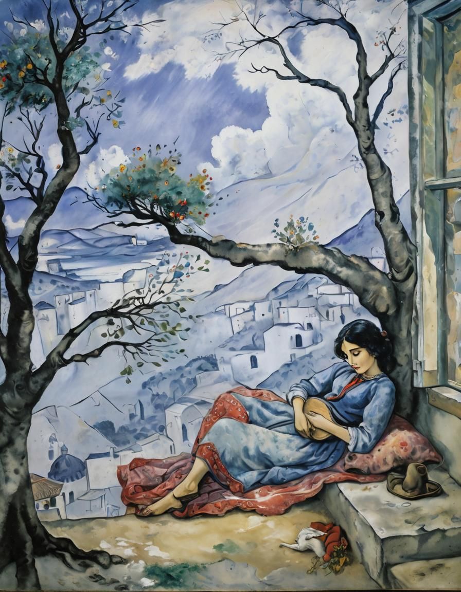 Sardinian Bandit Sleeping: Night Scene in Chagall Style