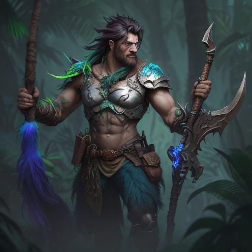 Blue-Green Troll Hunter in Dense Jungle, Fantasy Art