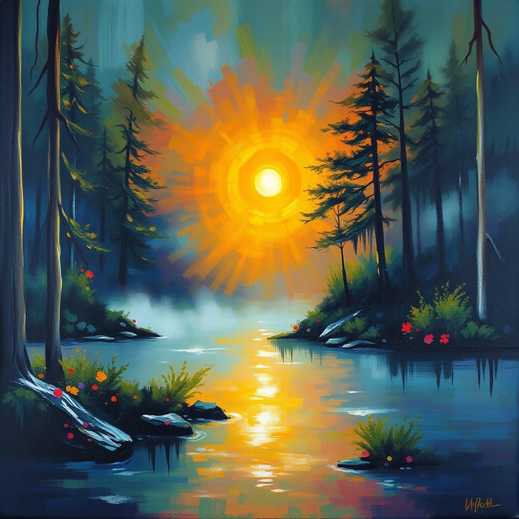 Surreal Neo-Impressionist Scene on a Foggy River at Night