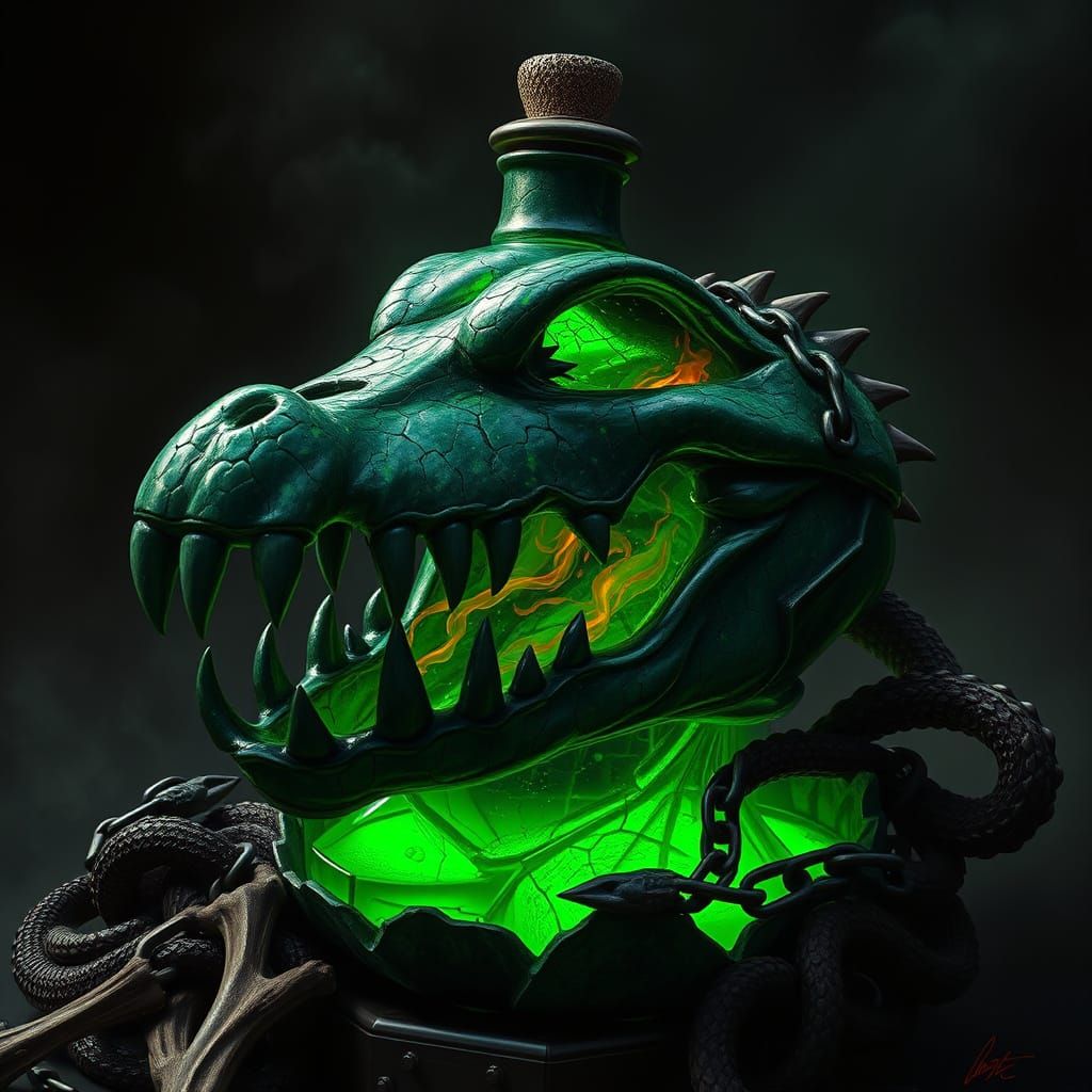 Sinister Crocodile Skull Vial with Glowing Ooze