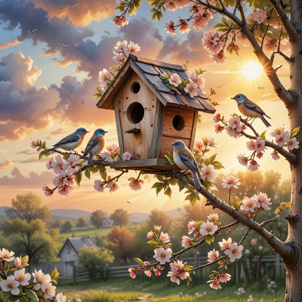 Birdhouse in Apple Tree Watercolor at Sunset