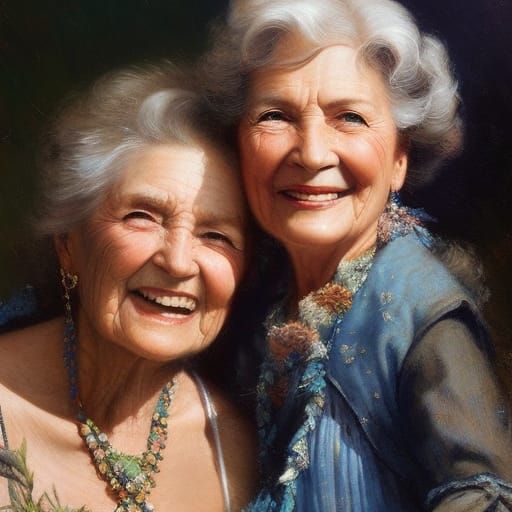 Charming Grandmotherly Woman and Girl by the Ocean