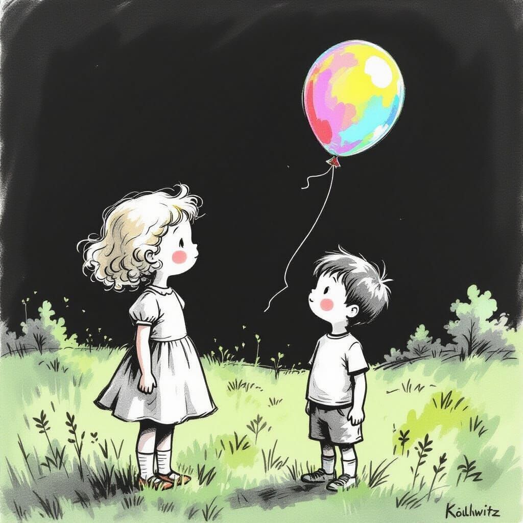 Charcoal Sketch: Children with Balloon in Serene Landscape