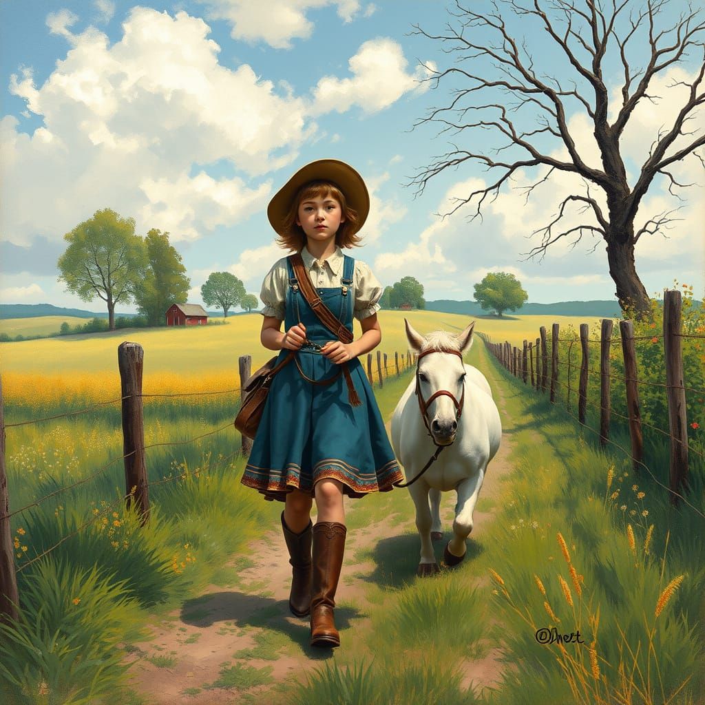 Girl with Pony in Retro Impressionistic Style