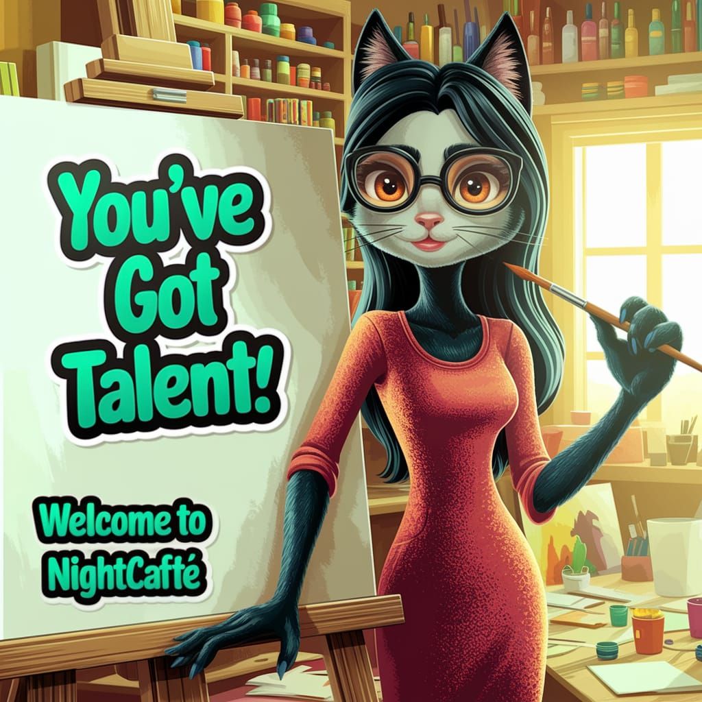 In a warmly lit art studio filled with scattered paint supplies and shelves brimming with art materials, a charming anth...