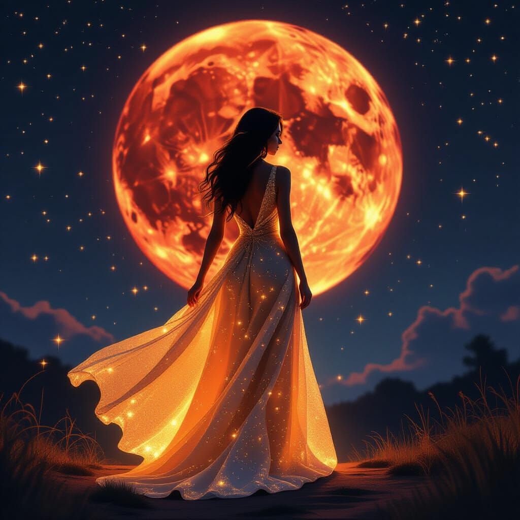 Mysterious Woman Under Giant Red Moon