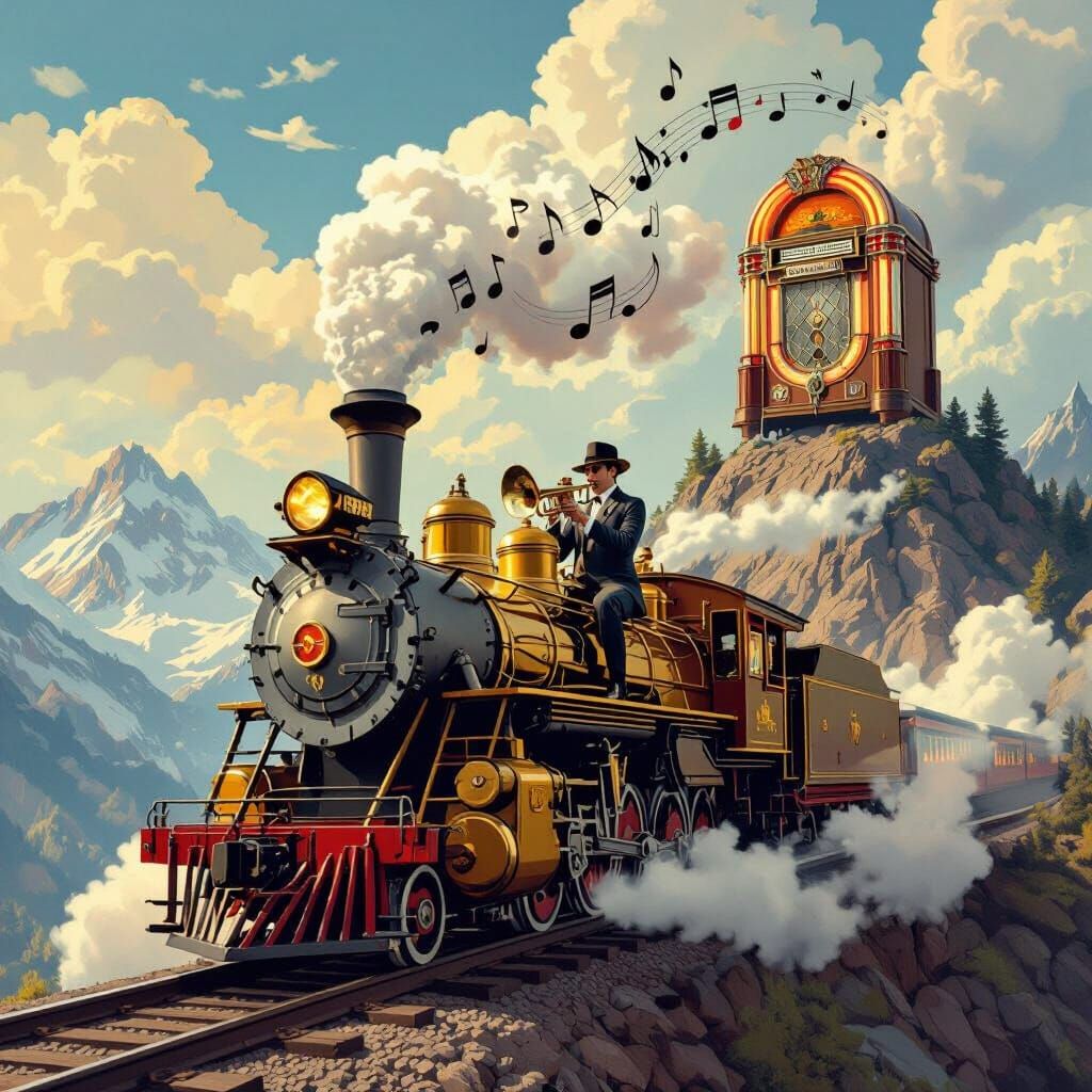 Jazz Trumpet Player on Golden Steam Train