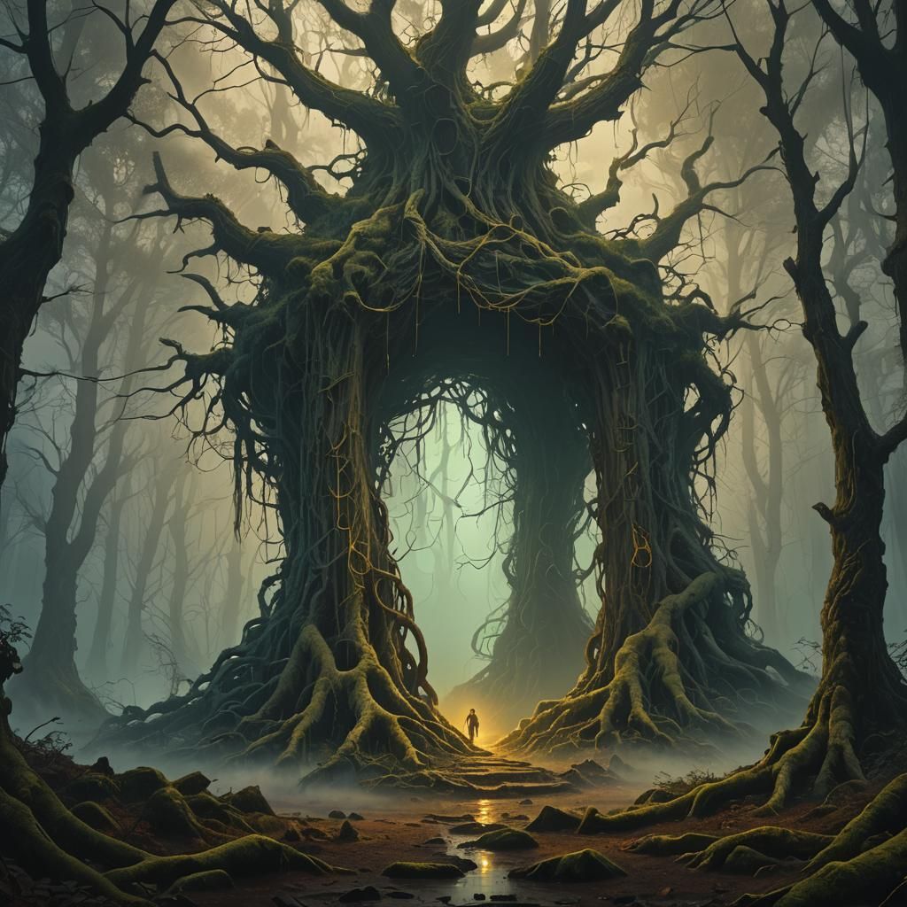 Mystical Portal in Ancient Forest, Dark Fantasy Art