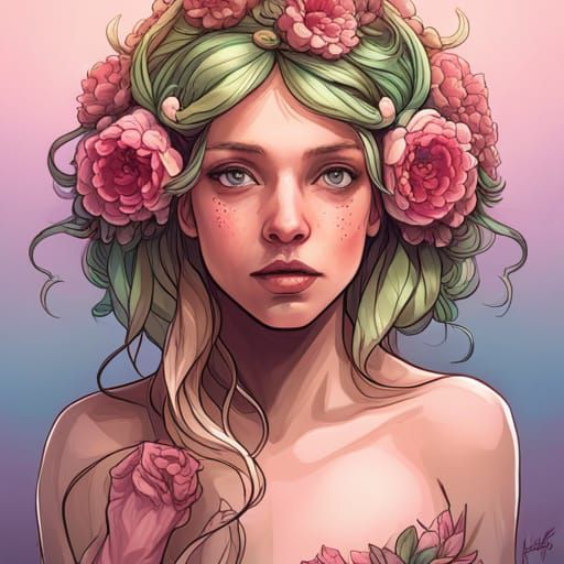 Cute Girl with Flower Crown, Hyperdetailed Portrait