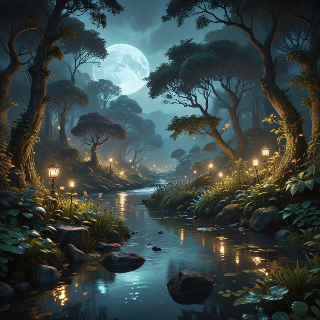 Moonlit Forest River in Vibrant, High-Definition Art