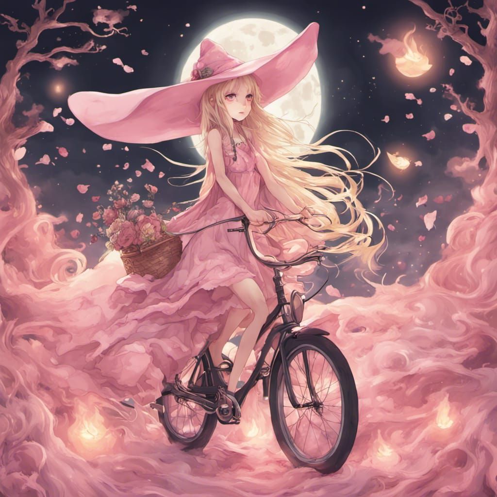 Spectral Witch on Flaming Bicycle: Gritty Fantasy Art