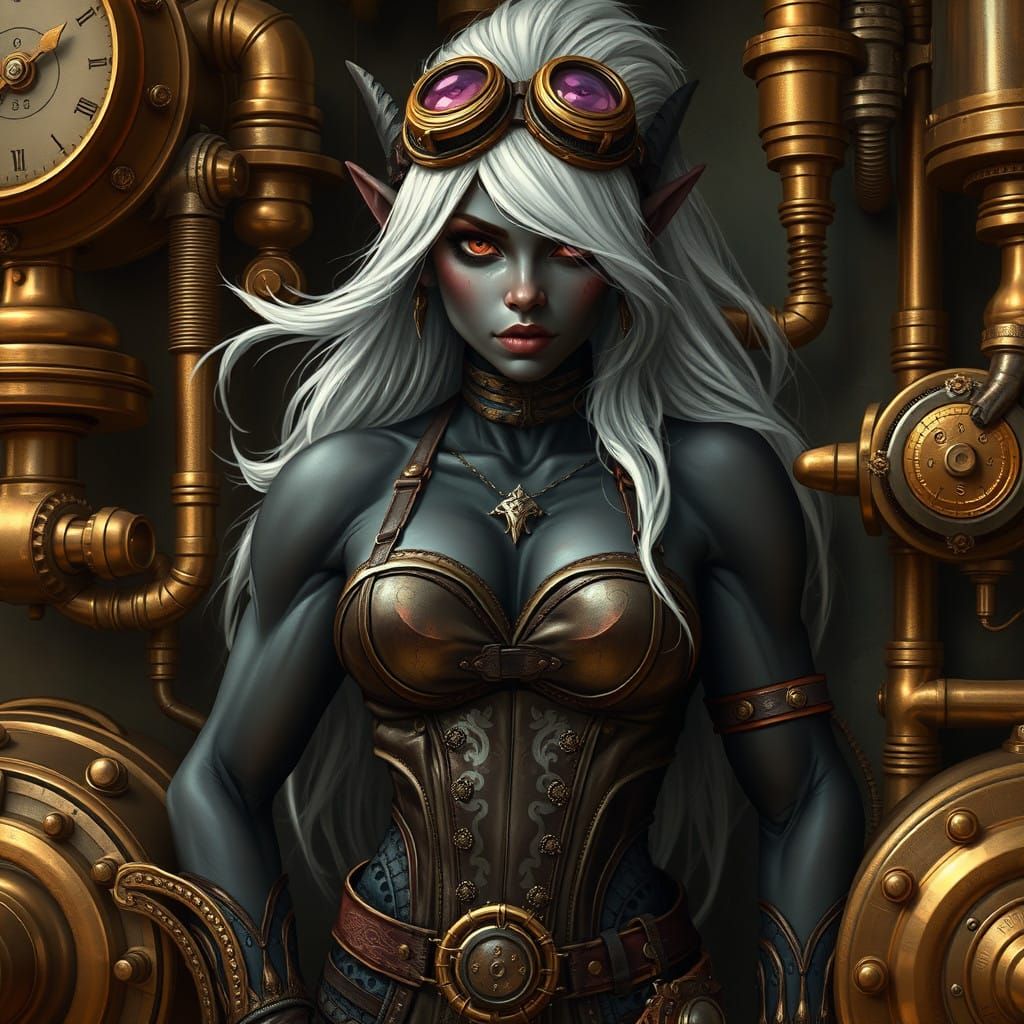 Industrial Fantasy Steampunk Drow Elf Female with Brass Gogg...
