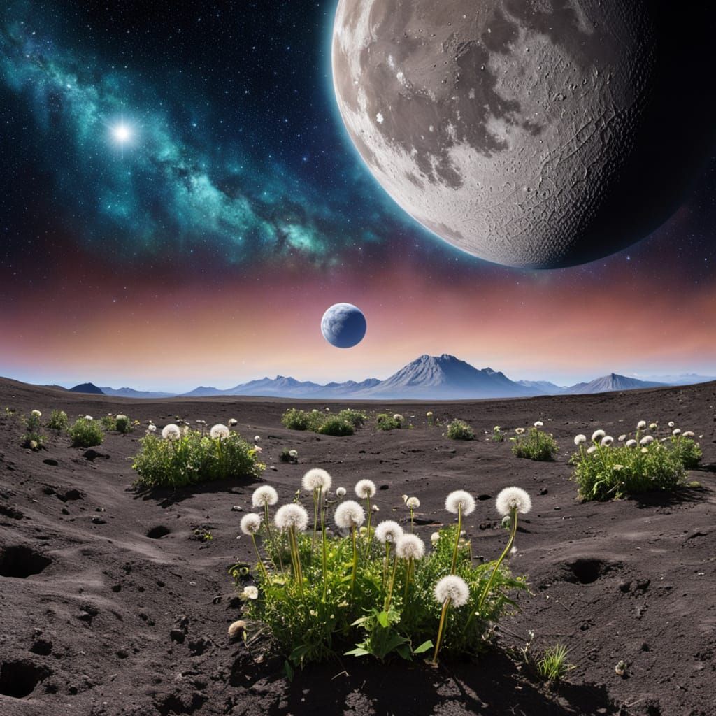 Dandelions on the Moon in a Starry Night