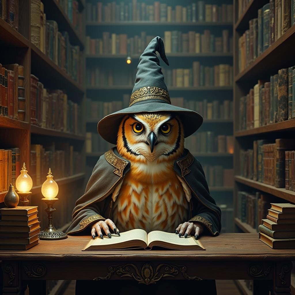 Anthropomorphic Owl Wizard in a Library