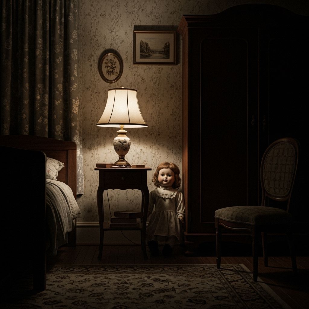 A creepy porcelain doll sits in the corner of a child's bedr...