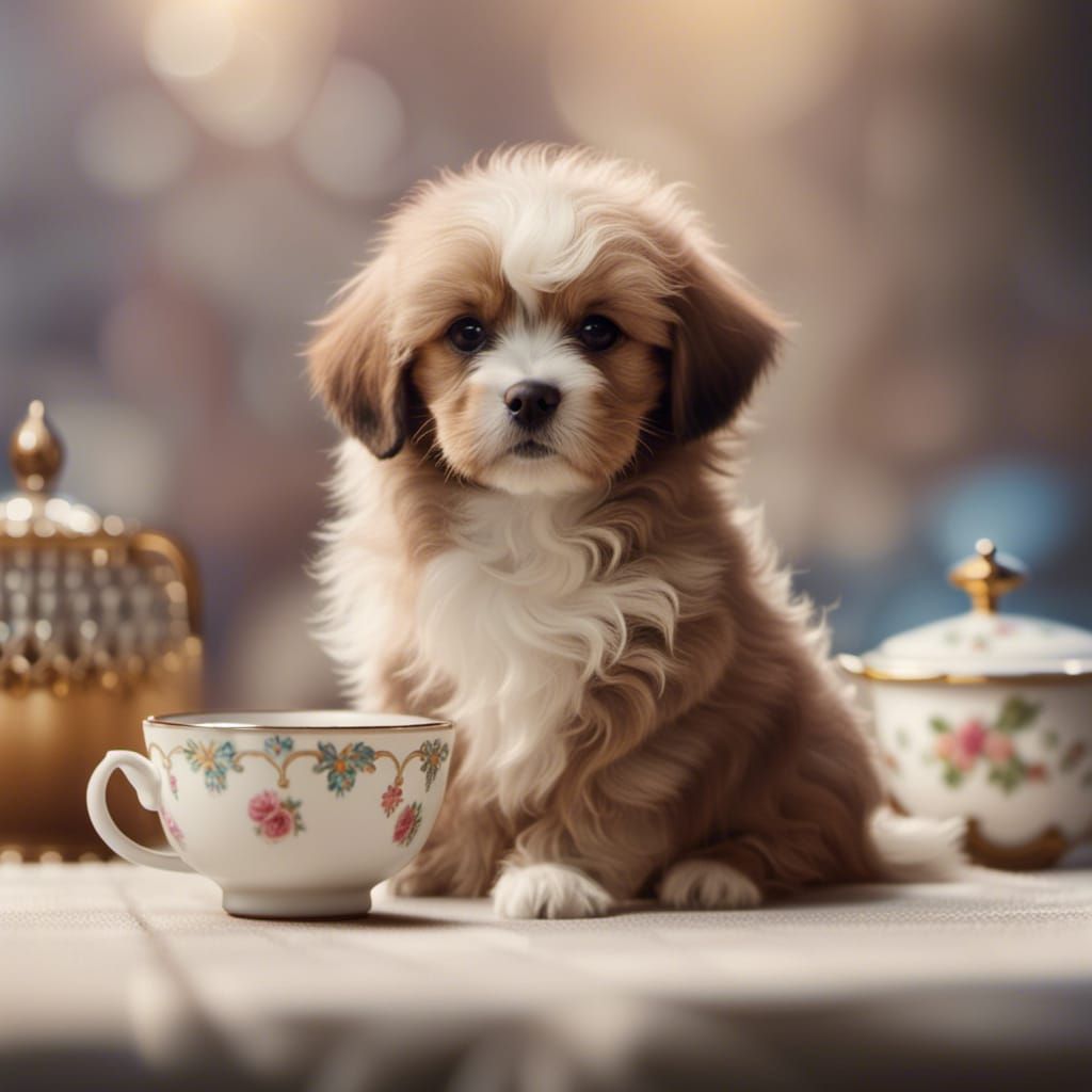 Fluffy Puppy with Vintage Teacup in 8K