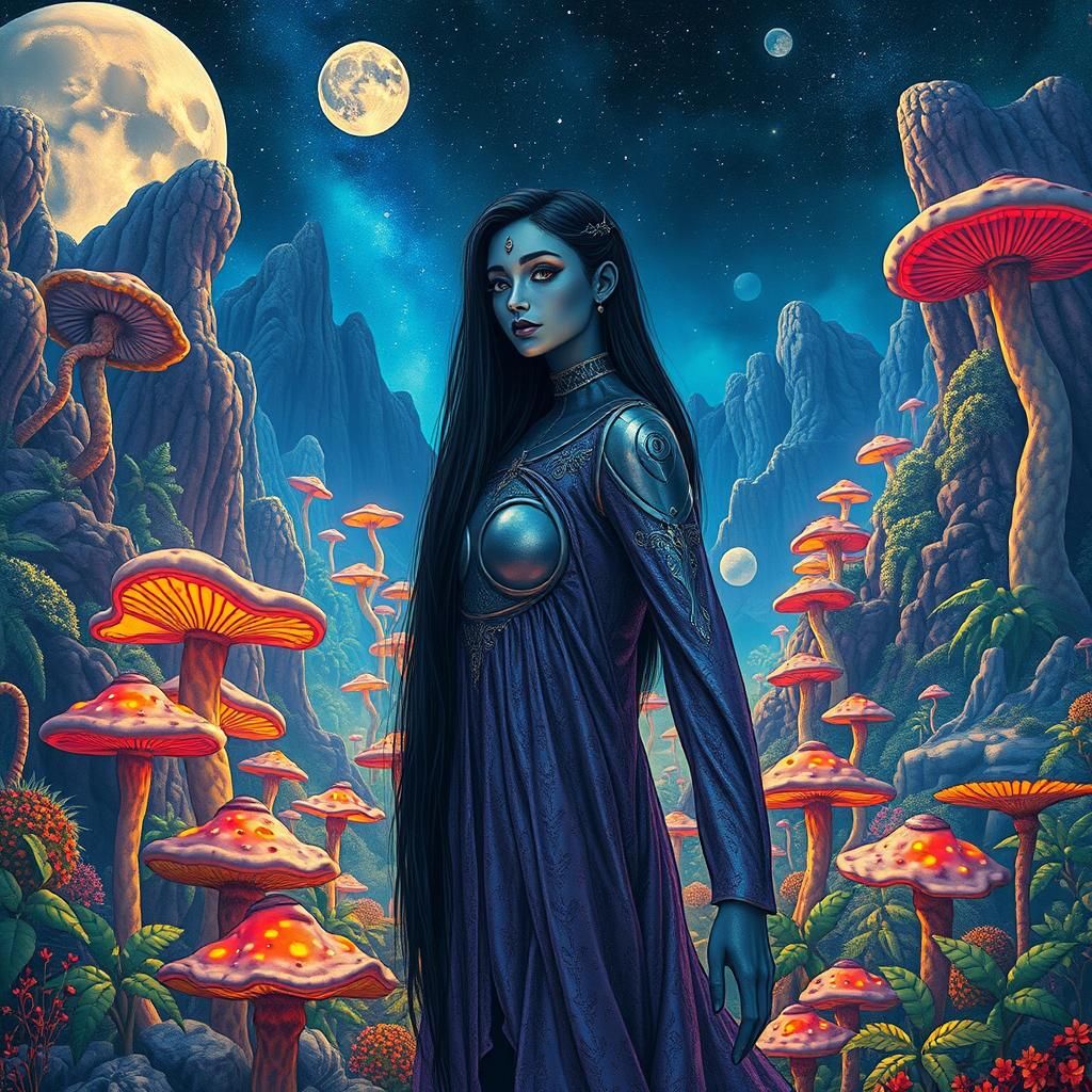 Silver-Skinned Woman in Alien Landscape, Moebius Style