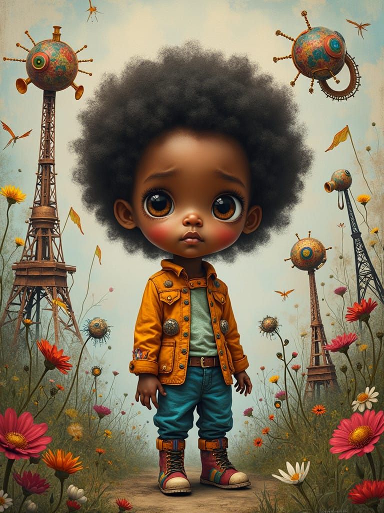Steampunk Whimsy: African Toddler in Fantastical Landscape