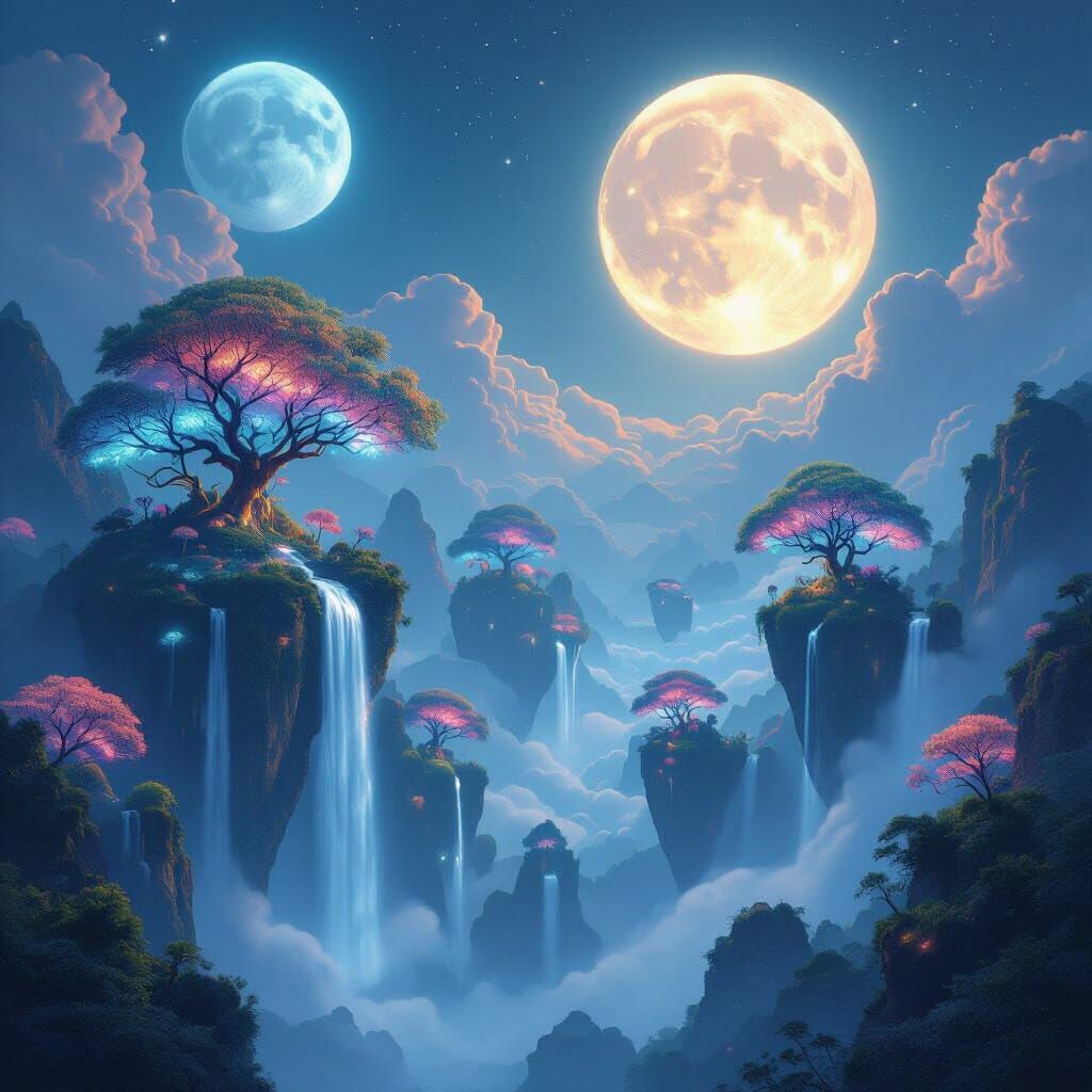 Surreal Dreamlike Landscape with Floating Islands & Neon Tre...