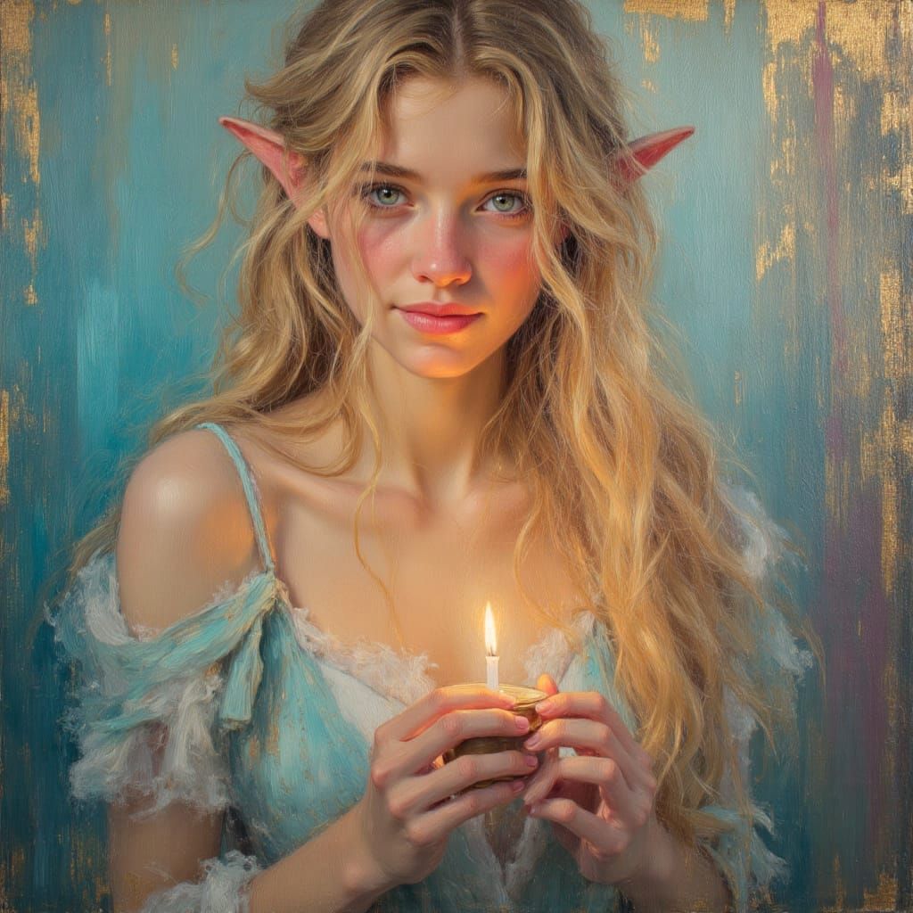 Elfling with Candle in Oil Painting Style