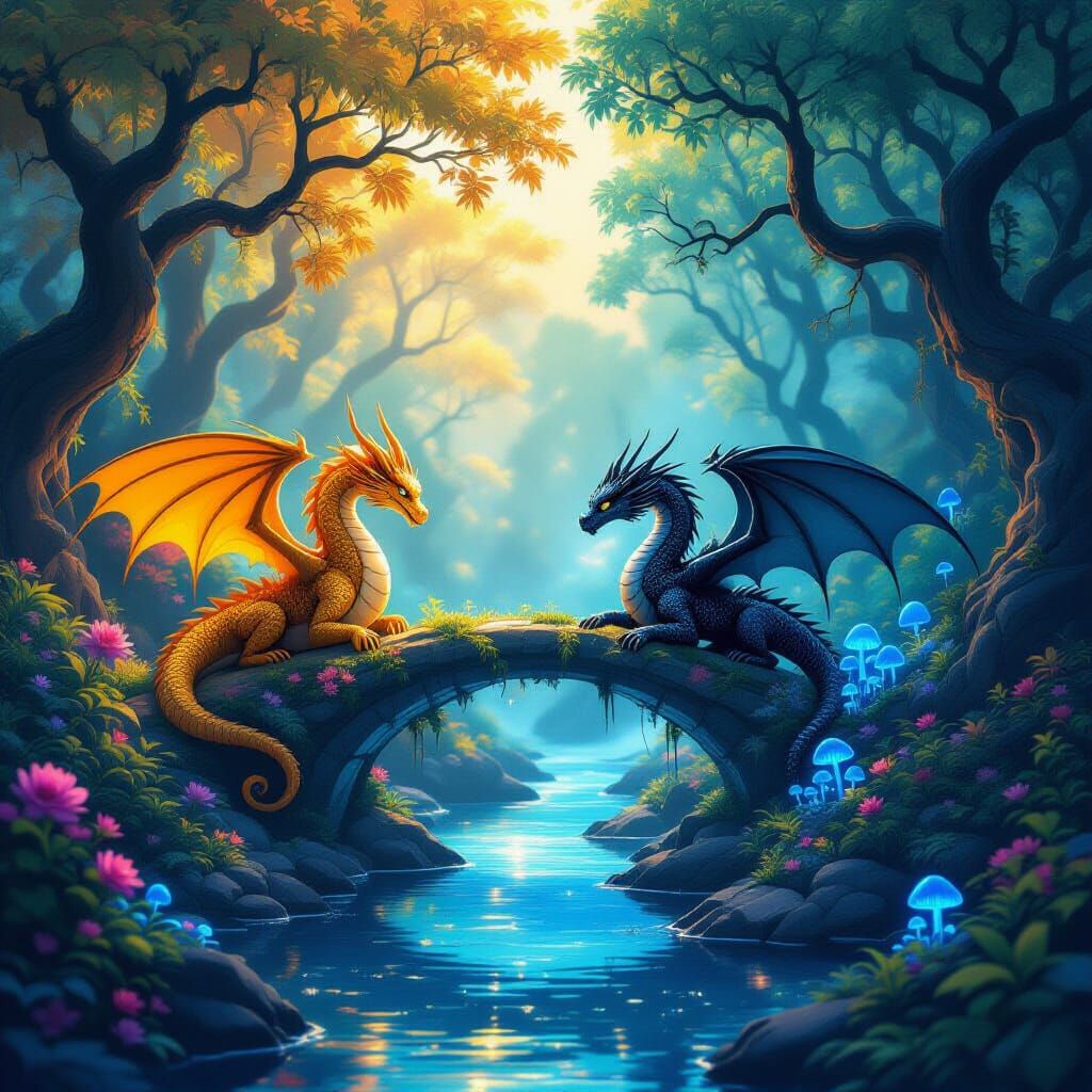 Bioluminescent Forest with Dragons in Anime Style