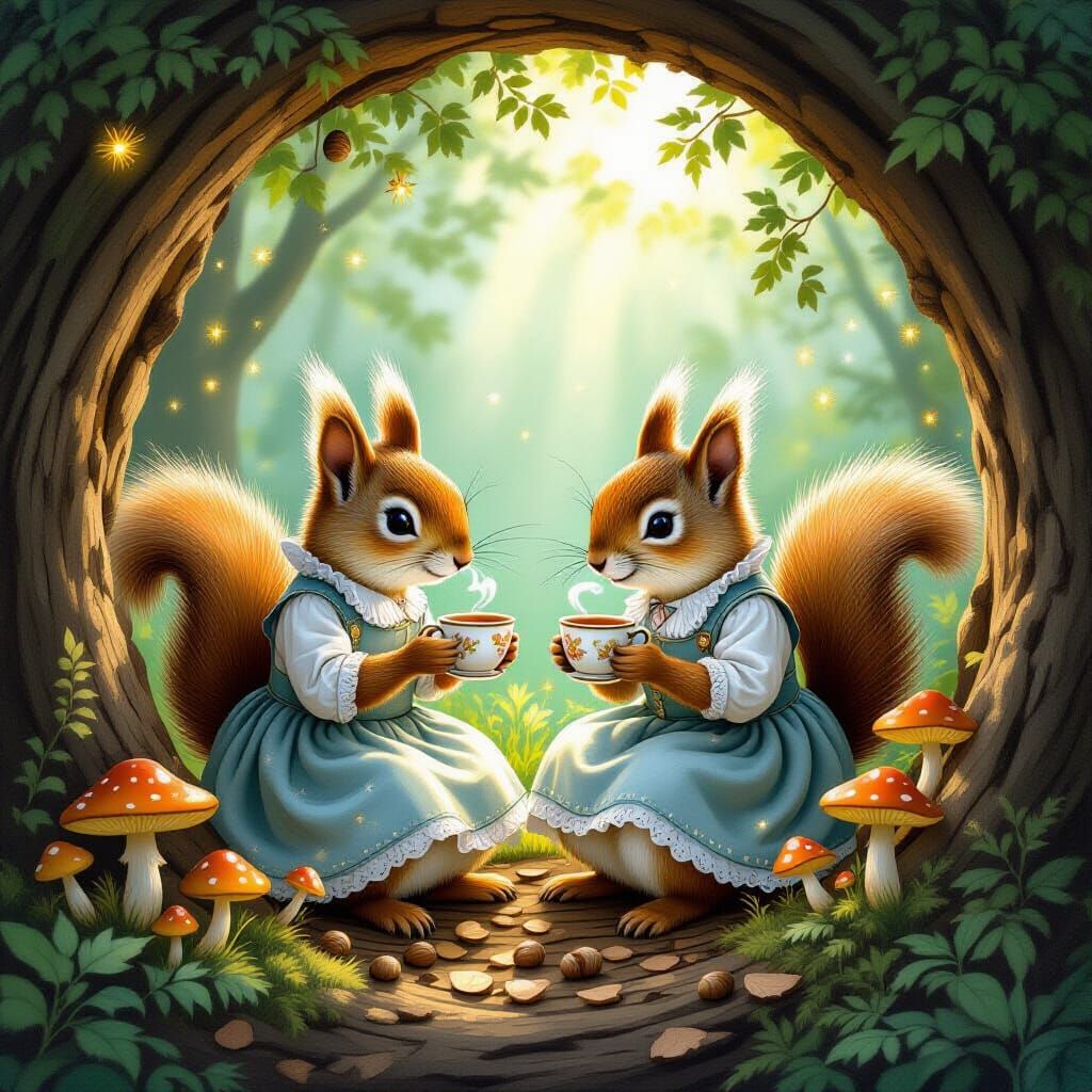 Squirrel Tea Party in Hollow Log, Whimsical Style