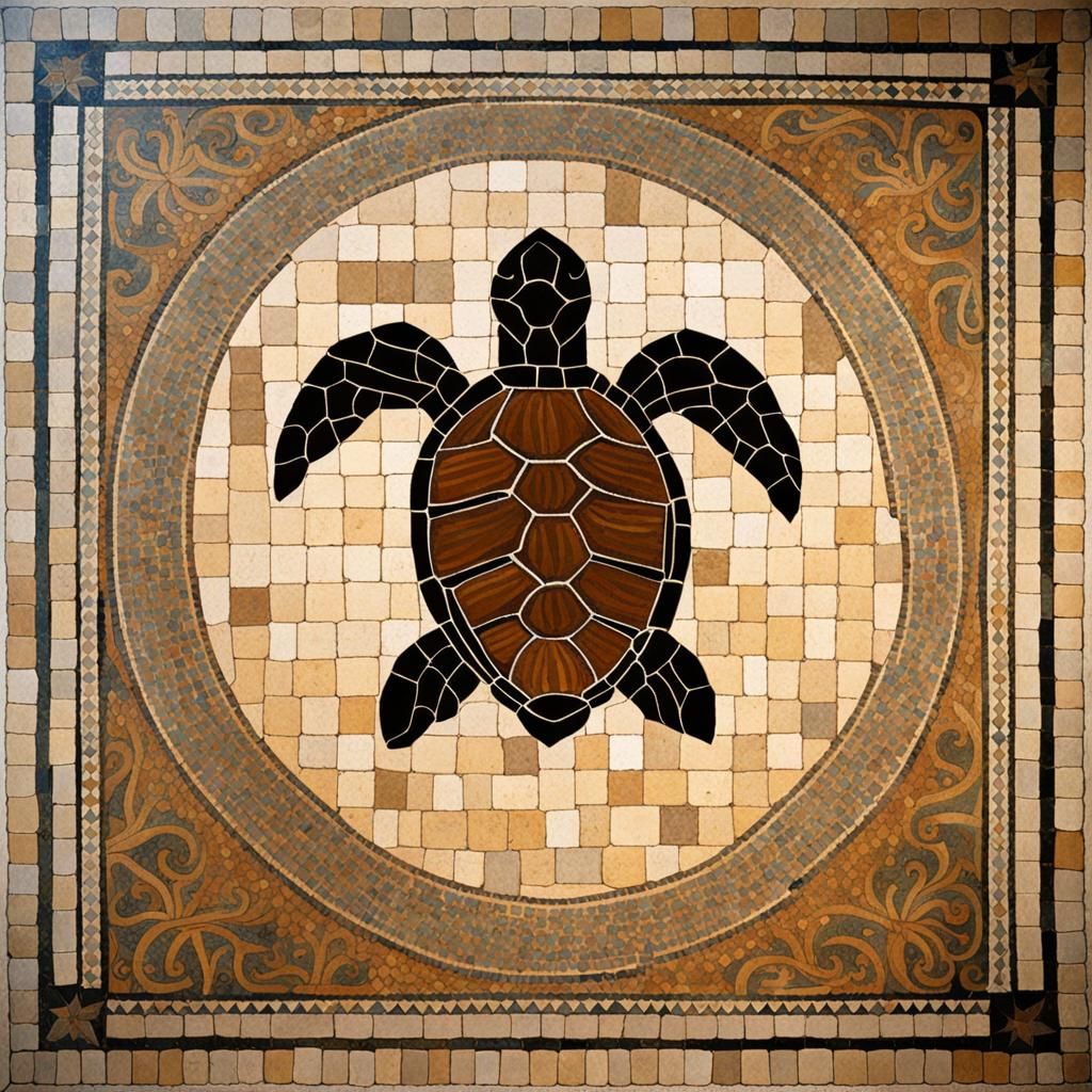 Ancient Greek Mosaic Sea Turtle, Opus Tessellatum