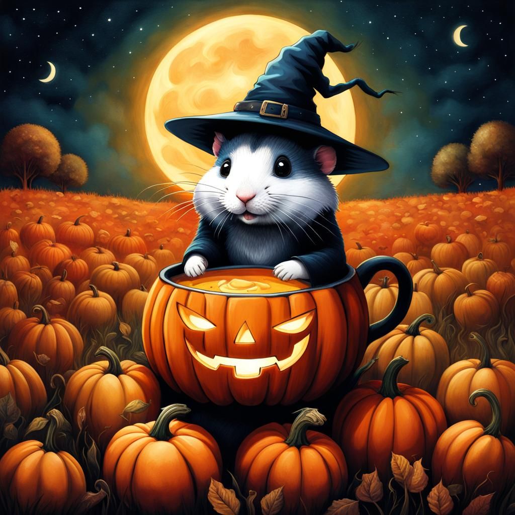 Little witch hamster holding a tureen carved out of a pumpkin