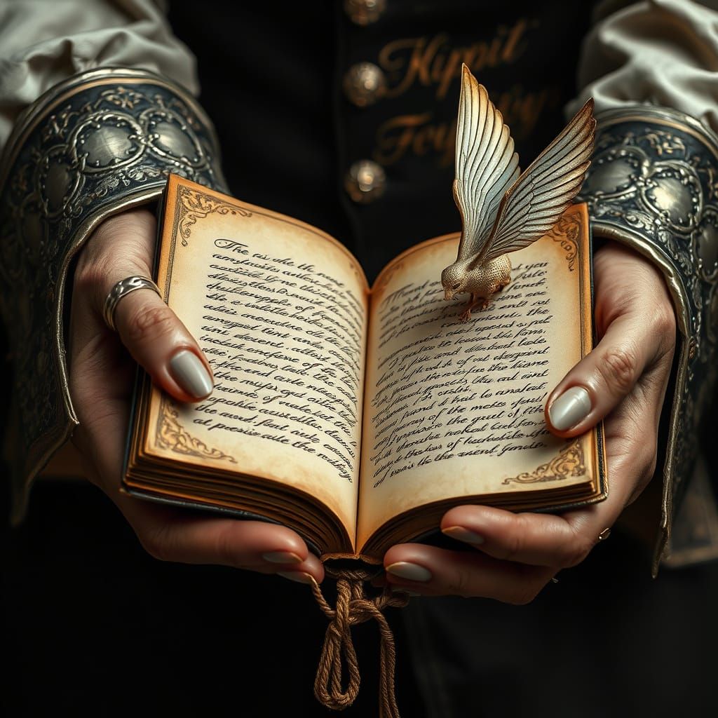 Elegant Hands Hold Ancient Leather Book with Whimsical, Wing...