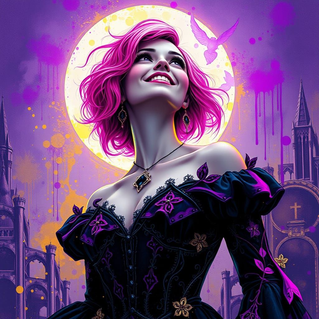 Gothic Woman Gazing at Moon in Splatter Art Style