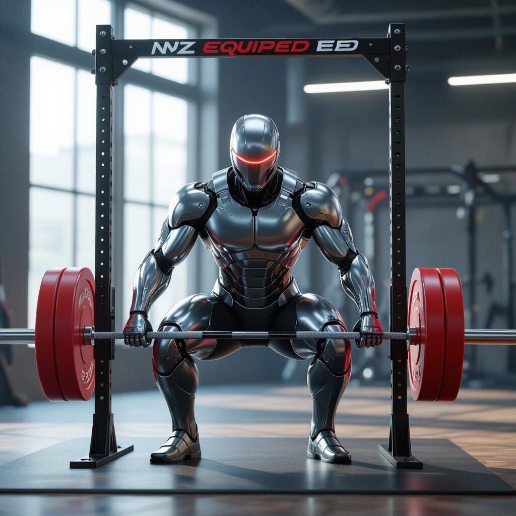 Cyborg Athlete Squats with Powerlifting Bar