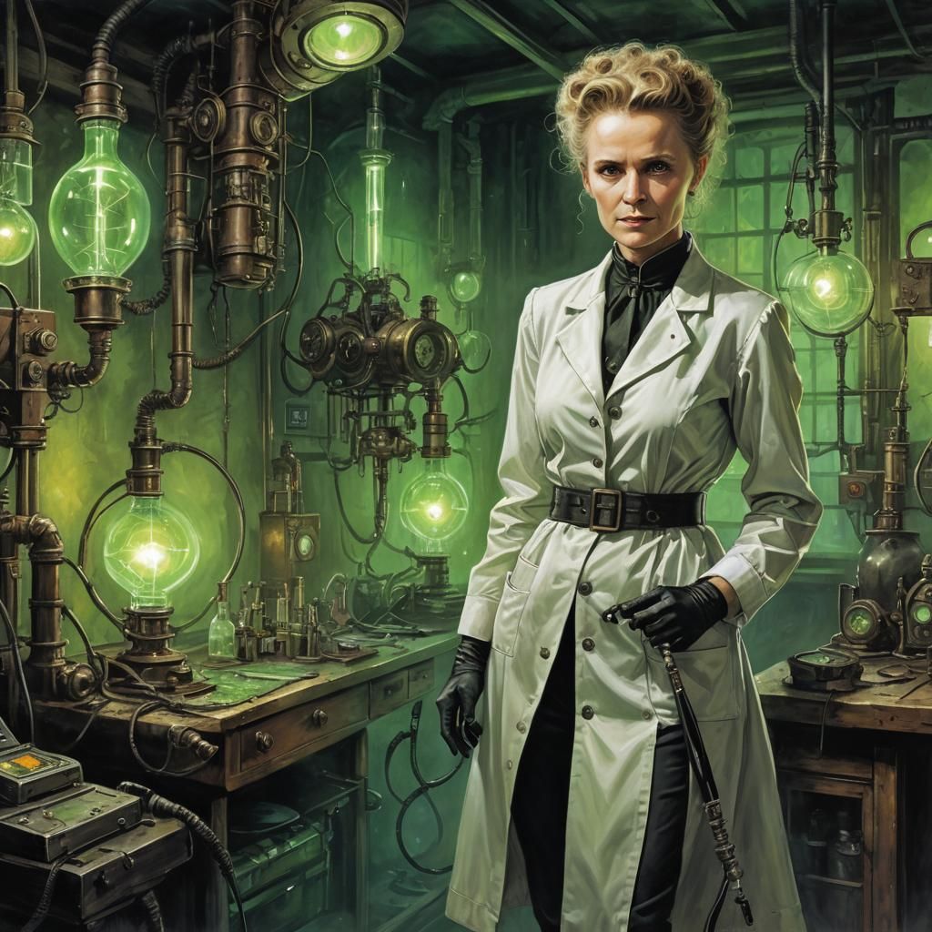Marie Curie in Steampunk Lab: Acrylic Painting