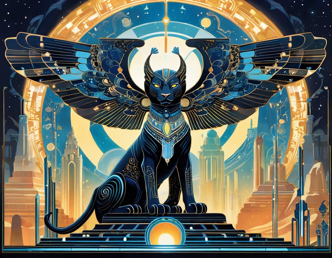 Obsidian Sphinx on Ziggurat in Fantasycore Art Deco Style