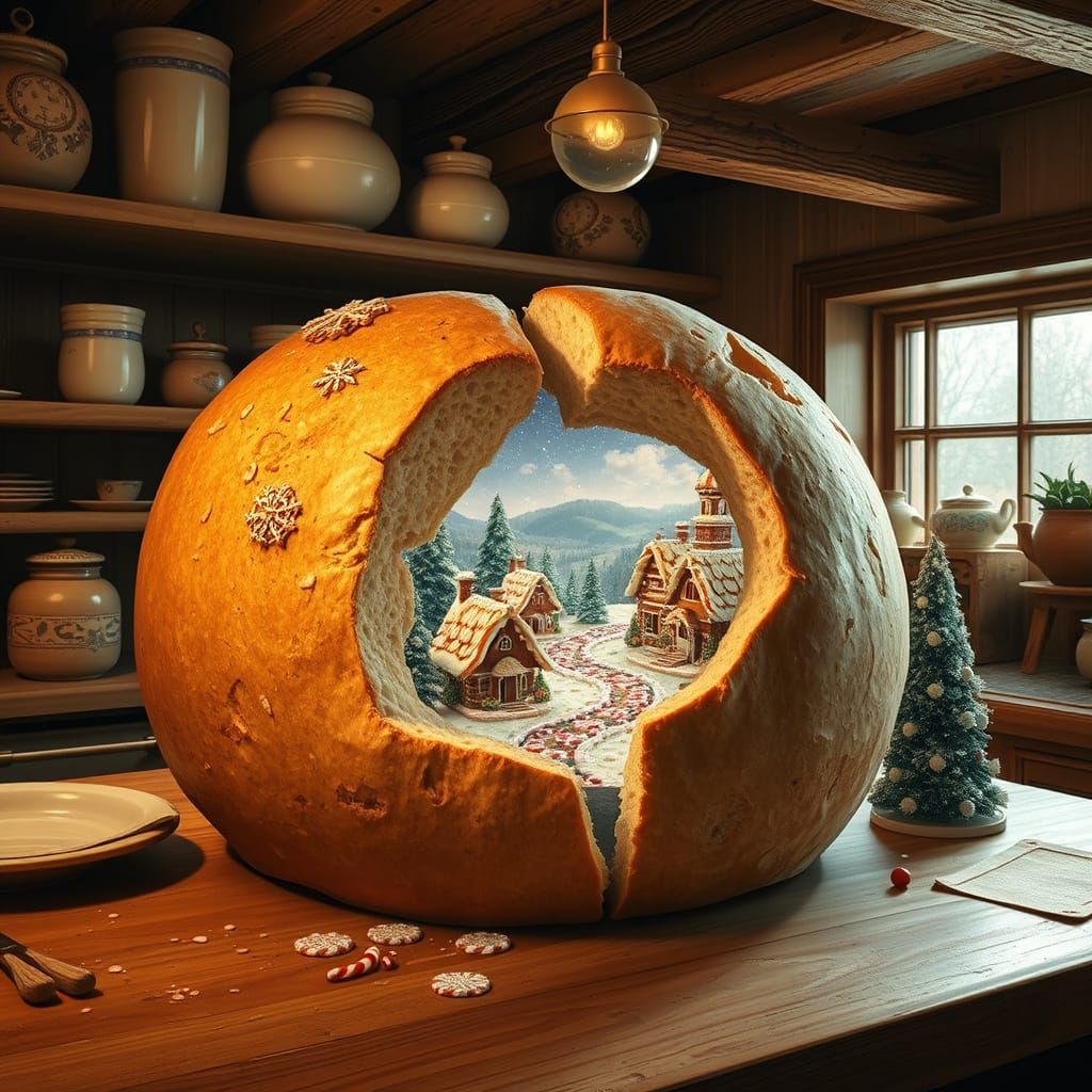 Warm Country Kitchen Scene with Gingerbread Village