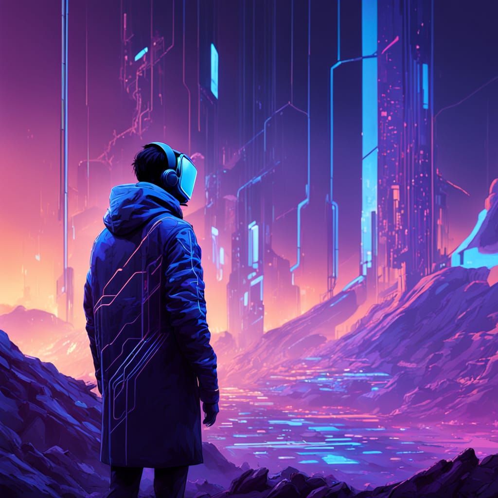 Futuristic Figure in Neon Data Landscape