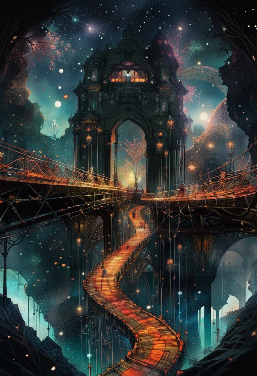 Majestic Fantasy Bridge in Maximalist Style