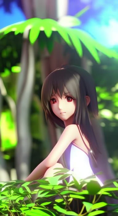 Anime Girl Portrait in a Vibrant Banyan Tree Setting