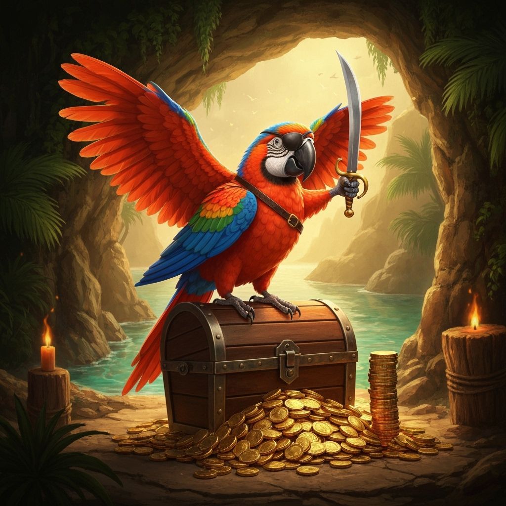 Pirate Parrot Guarding Treasure in Tropical Cove