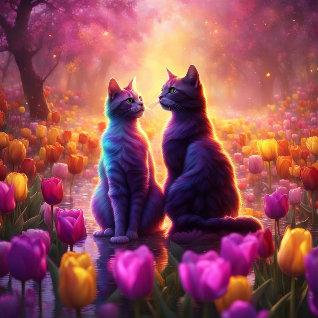 Romantic Cat Couple in Love, Dark Fantasy Art